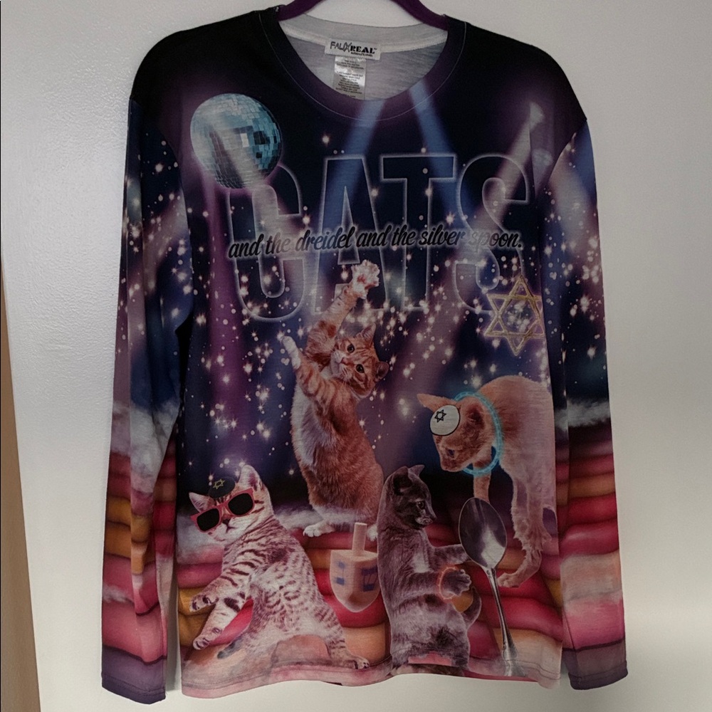Cats Jewish Hanukkah Graphic Long Sleeve Shirt Medium double sided
